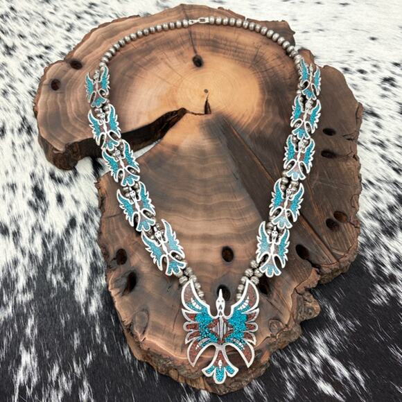 Native American Jewelry - 1970s NAVAJO Sterling Silver Turquoise & Coral Chip Inlay Peyote Bird Necklace